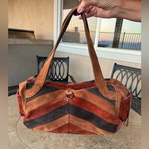 Lucky Brand Chevron Brown Multi Suede Shoulder Bag Purse